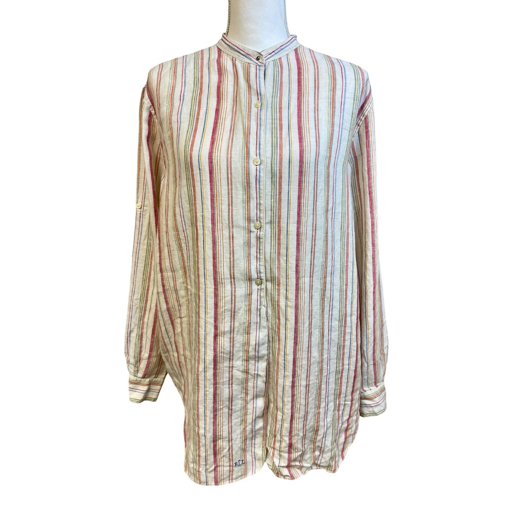Lauren Ralph Lauren Linen Button Down Tunic Top XL Stripe Coastal Lagenlook Boho